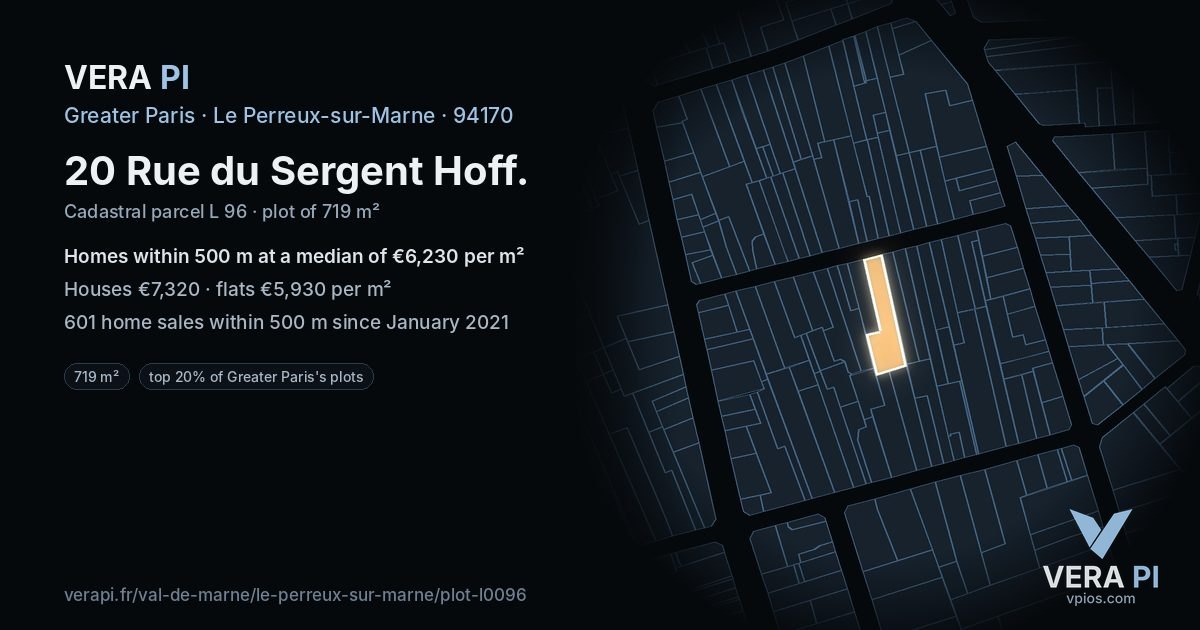 20 Rue du Sergent Hoff, Le Perreux-sur-Marne at night – the plot lit, the parcels around coloured by the prices near them
