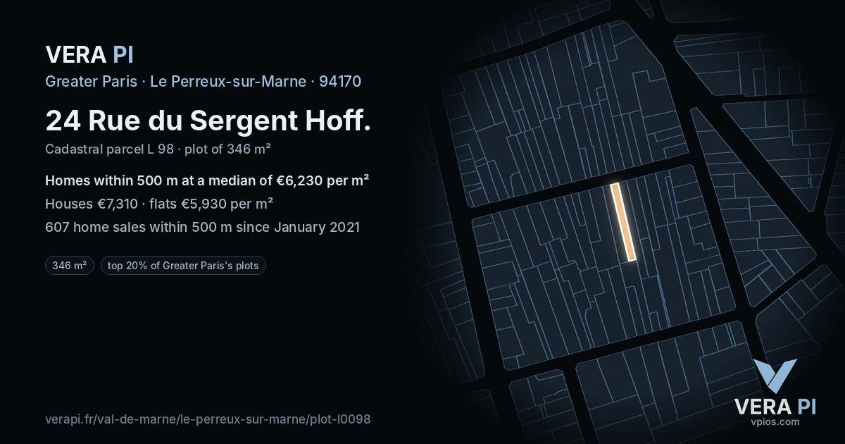 24 Rue du Sergent Hoff, Le Perreux-sur-Marne at night – the plot lit, the parcels around coloured by the prices near them