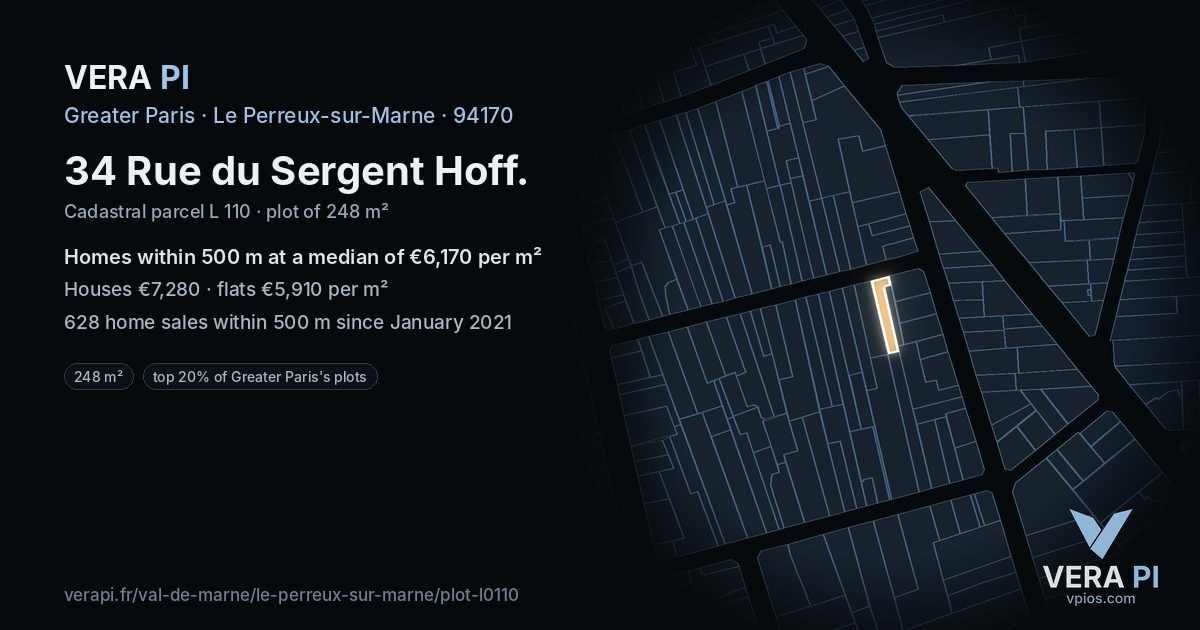 34 Rue du Sergent Hoff, Le Perreux-sur-Marne at night – the plot lit, the parcels around coloured by the prices near them