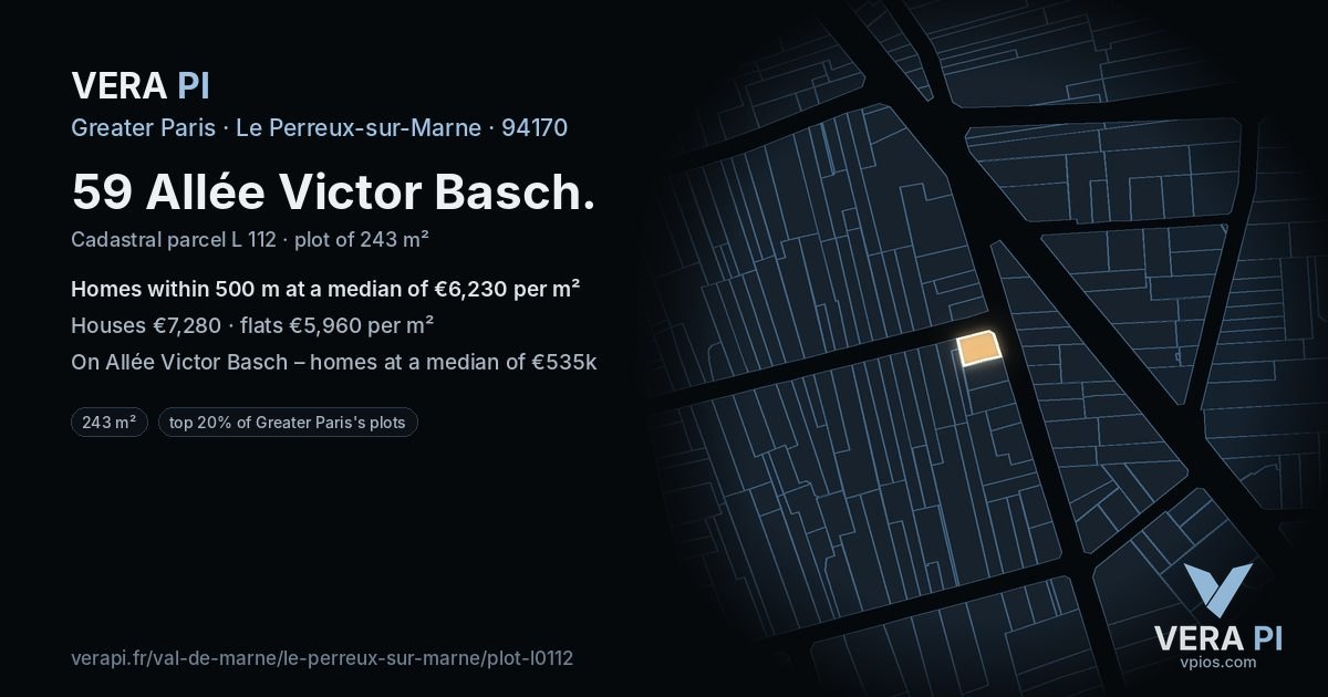 59 Allée Victor Basch, Le Perreux-sur-Marne at night – the plot lit, the parcels around coloured by the prices near them