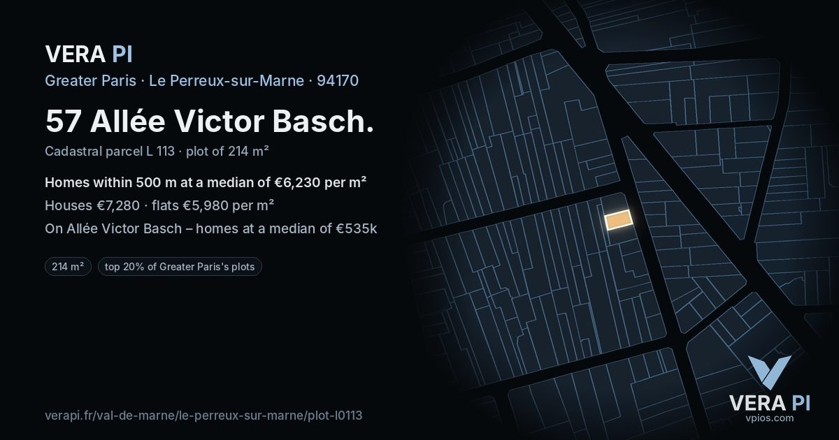 57 Allée Victor Basch, Le Perreux-sur-Marne at night – the plot lit, the parcels around coloured by the prices near them