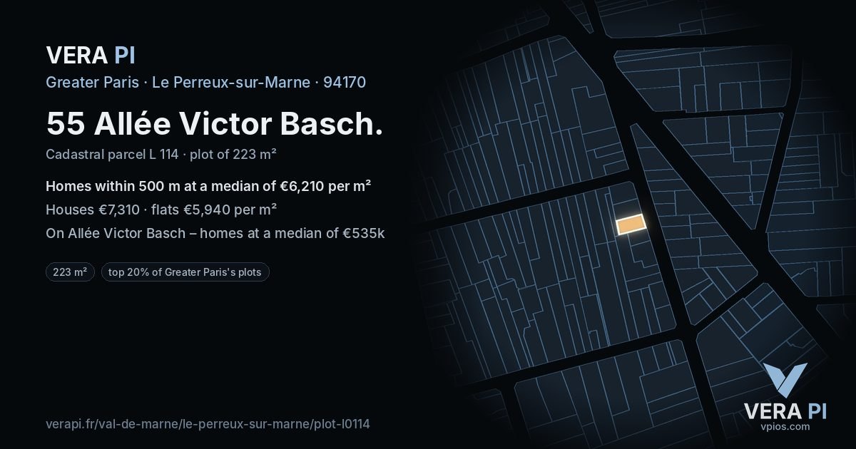 55 Allée Victor Basch, Le Perreux-sur-Marne at night – the plot lit, the parcels around coloured by the prices near them