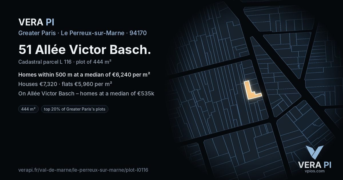 51 Allée Victor Basch, Le Perreux-sur-Marne at night – the plot lit, the parcels around coloured by the prices near them