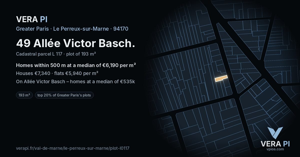 49 Allée Victor Basch, Le Perreux-sur-Marne at night – the plot lit, the parcels around coloured by the prices near them