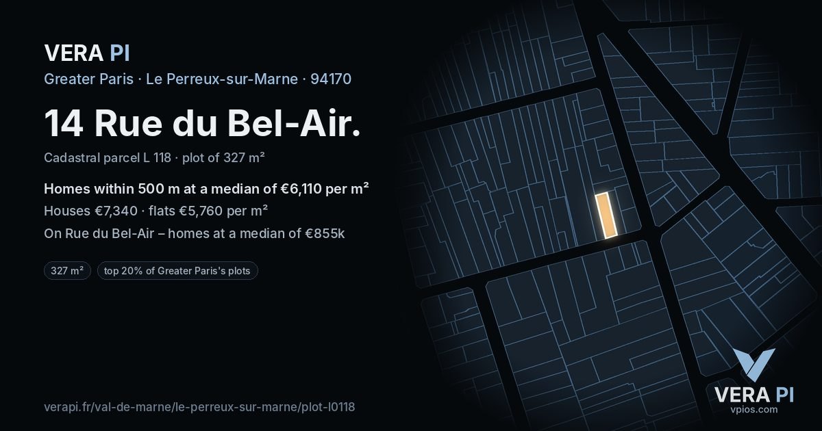 14 Rue du Bel-Air, Le Perreux-sur-Marne at night – the plot lit, the parcels around coloured by the prices near them