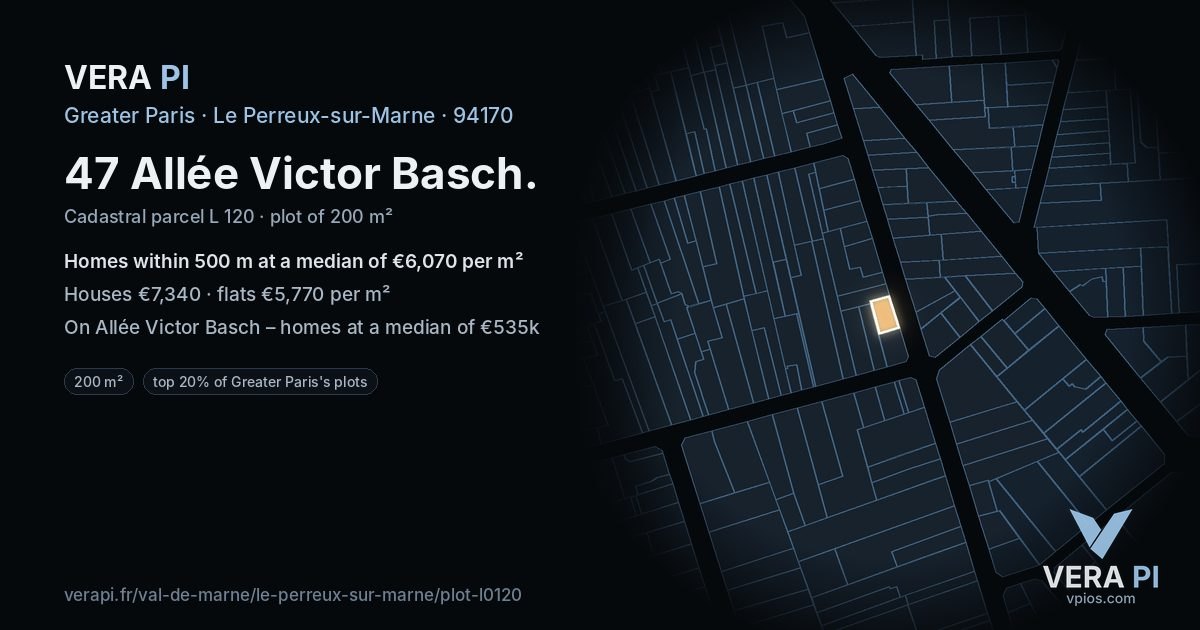 47 Allée Victor Basch, Le Perreux-sur-Marne at night – the plot lit, the parcels around coloured by the prices near them
