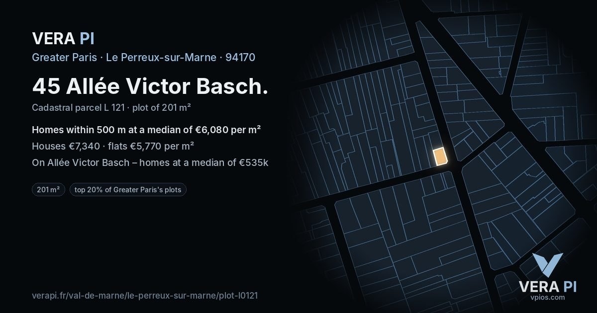 45 Allée Victor Basch, Le Perreux-sur-Marne at night – the plot lit, the parcels around coloured by the prices near them