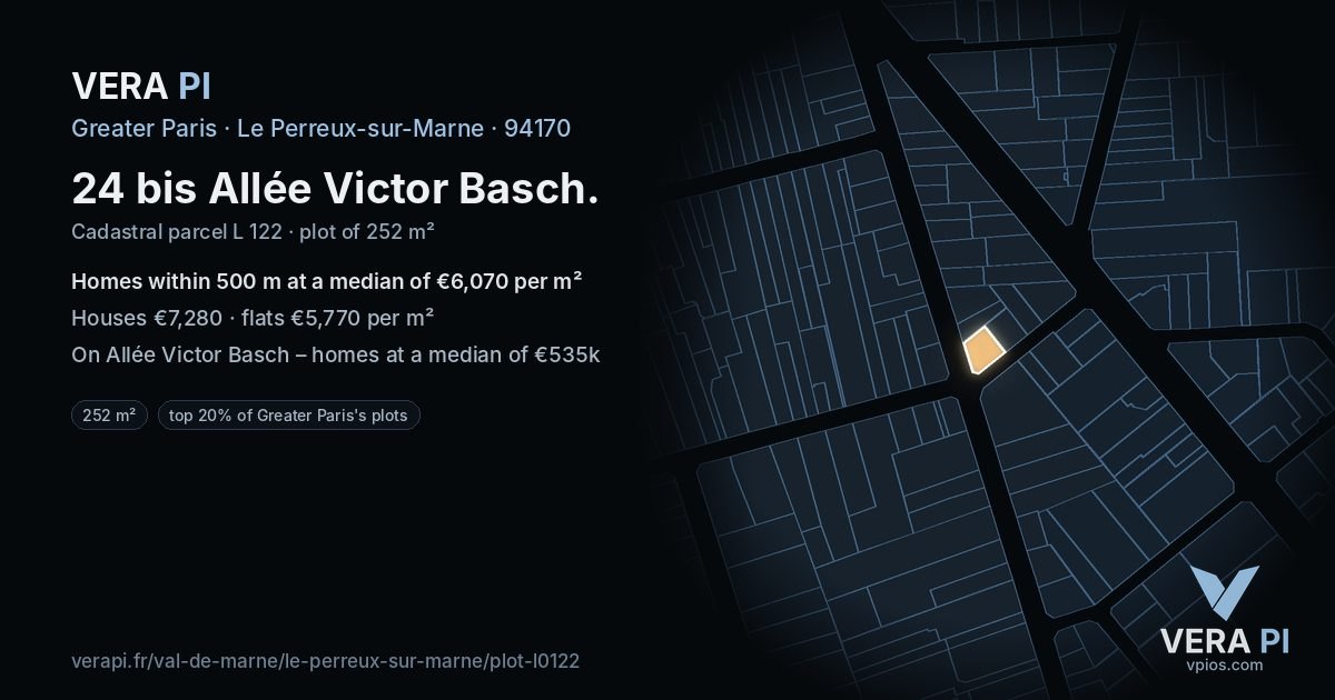 24 bis Allée Victor Basch, Le Perreux-sur-Marne at night – the plot lit, the parcels around coloured by the prices near them