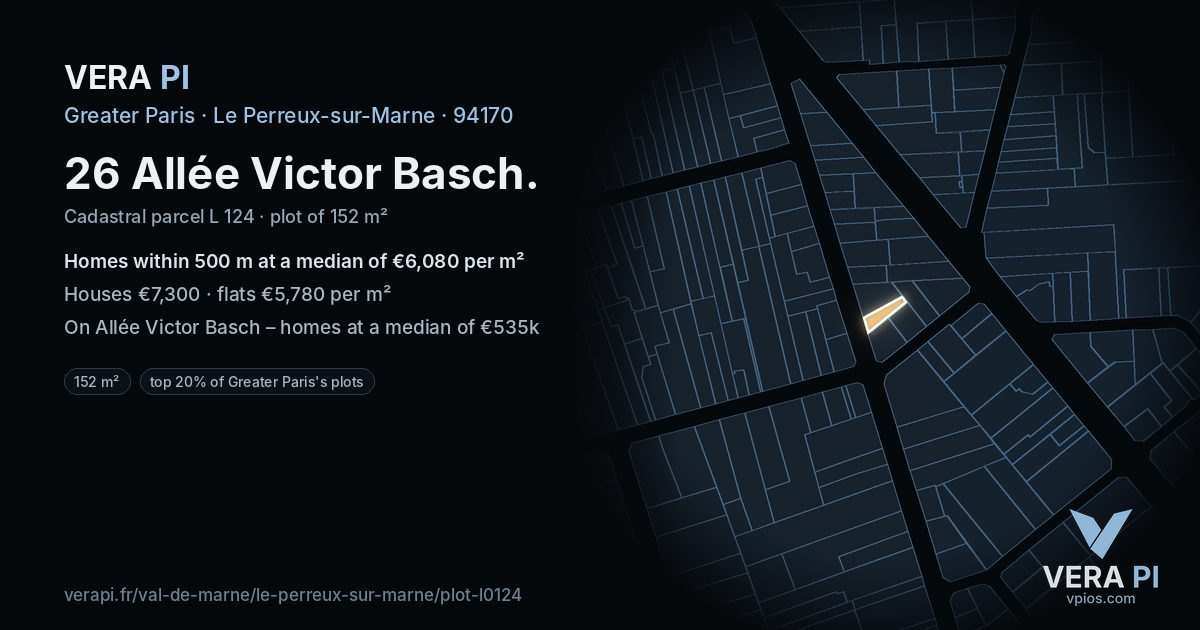 26 Allée Victor Basch, Le Perreux-sur-Marne at night – the plot lit, the parcels around coloured by the prices near them