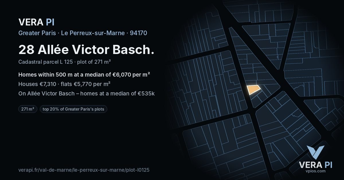 28 Allée Victor Basch, Le Perreux-sur-Marne at night – the plot lit, the parcels around coloured by the prices near them