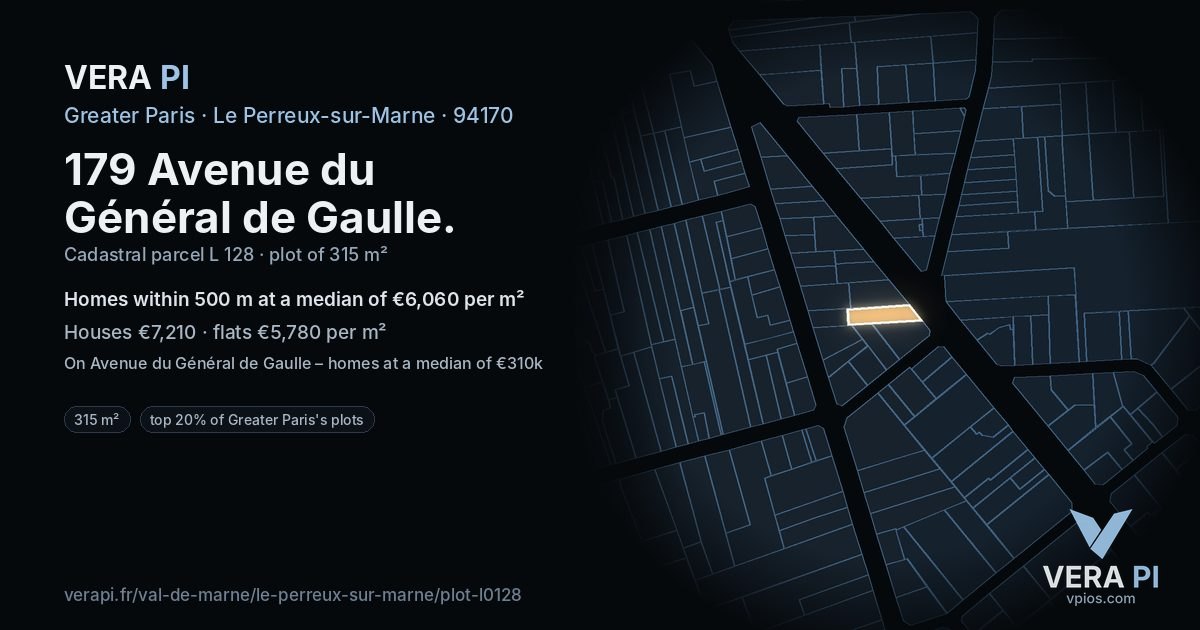 179 Avenue du Général de Gaulle, Le Perreux-sur-Marne at night – the plot lit, the parcels around coloured by the prices near them