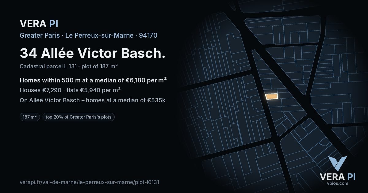 34 Allée Victor Basch, Le Perreux-sur-Marne at night – the plot lit, the parcels around coloured by the prices near them