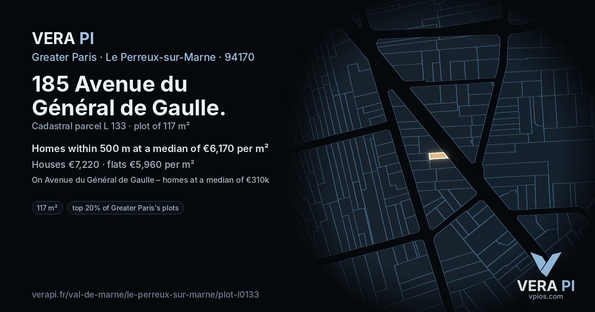 185 Avenue du Général de Gaulle, Le Perreux-sur-Marne at night – the plot lit, the parcels around coloured by the prices near them