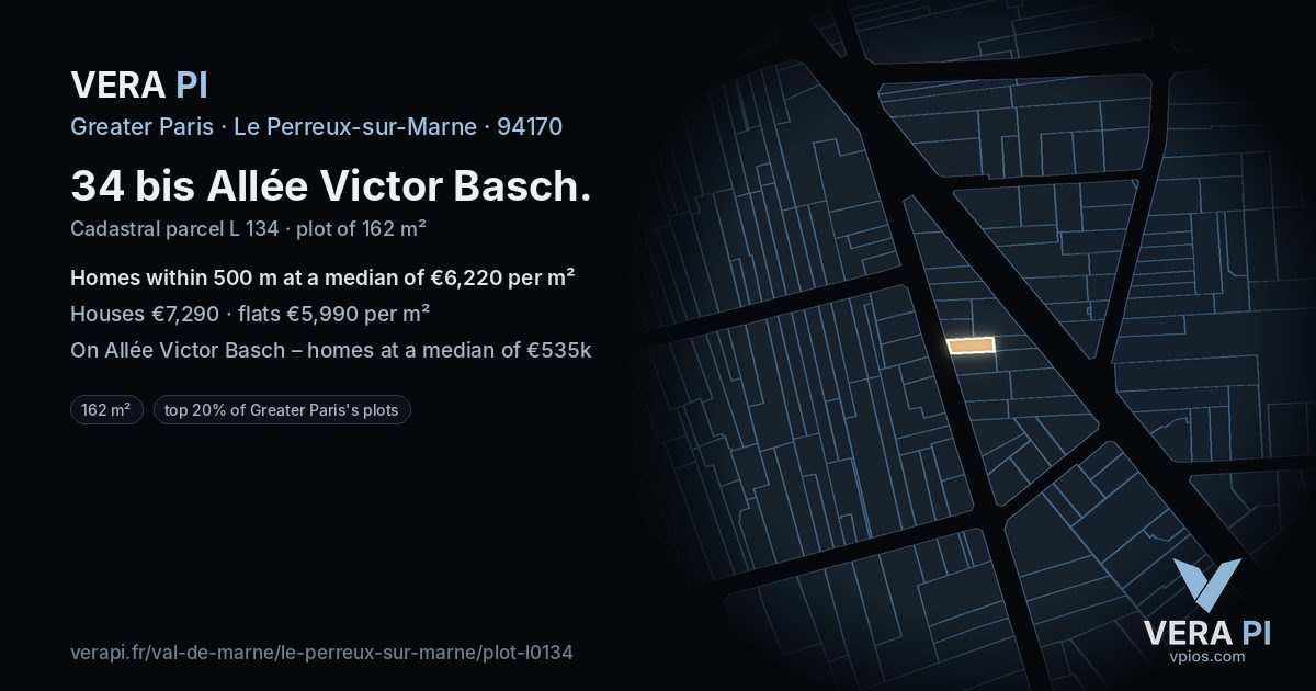 34 bis Allée Victor Basch, Le Perreux-sur-Marne at night – the plot lit, the parcels around coloured by the prices near them