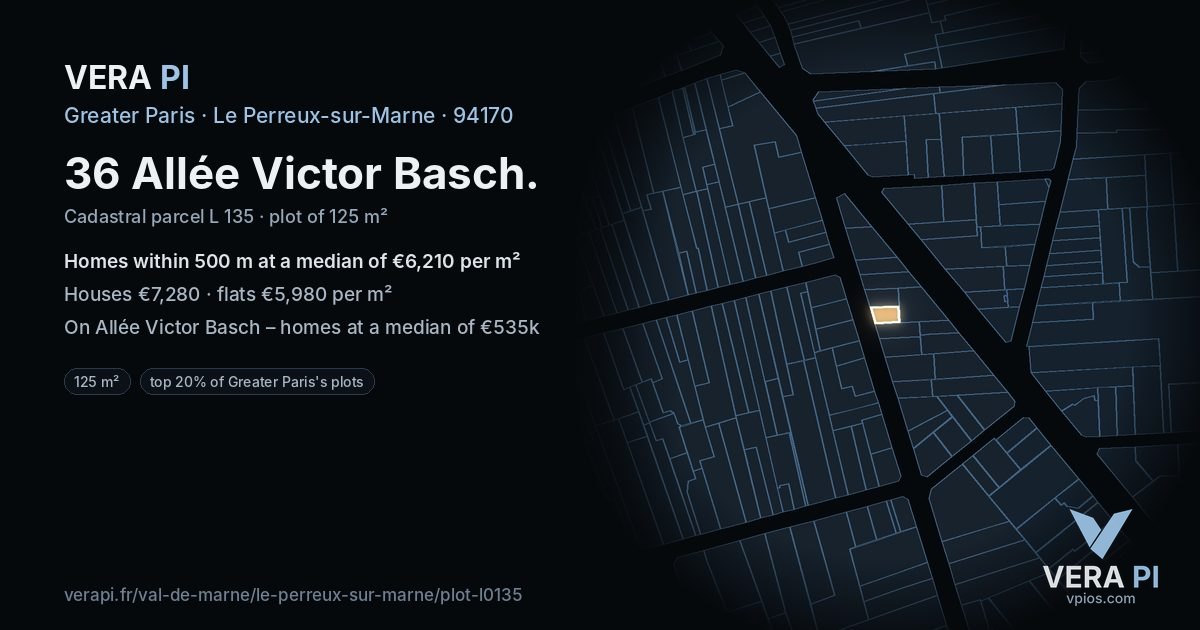 36 Allée Victor Basch, Le Perreux-sur-Marne at night – the plot lit, the parcels around coloured by the prices near them