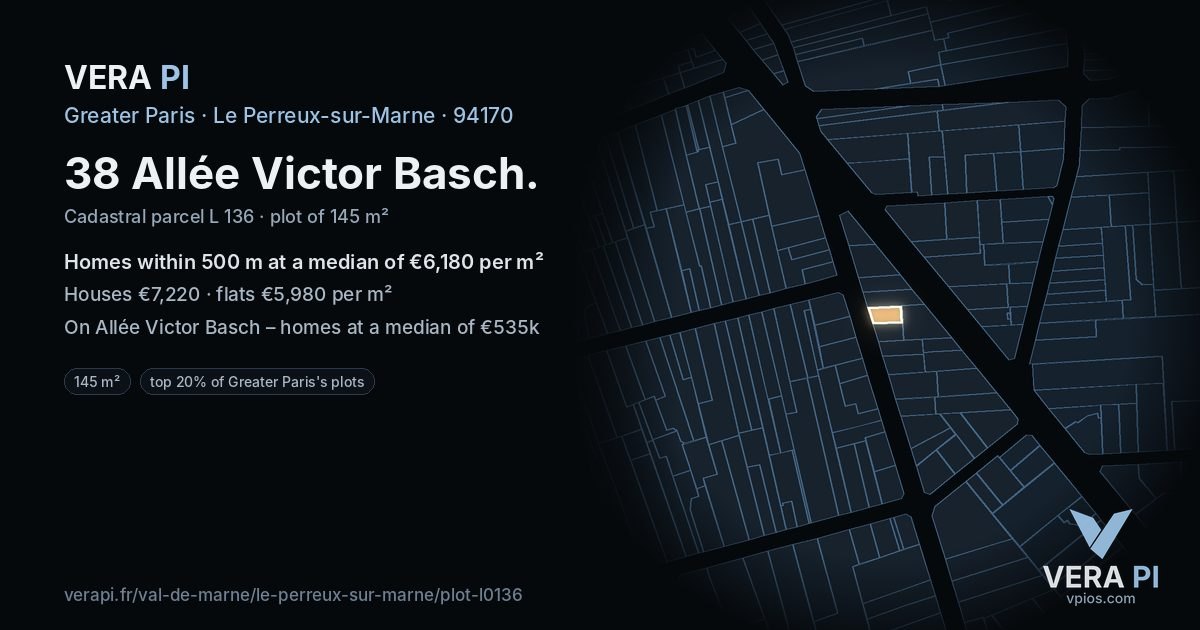 38 Allée Victor Basch, Le Perreux-sur-Marne at night – the plot lit, the parcels around coloured by the prices near them