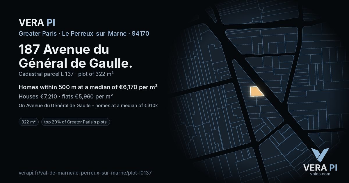 187 Avenue du Général de Gaulle, Le Perreux-sur-Marne at night – the plot lit, the parcels around coloured by the prices near them