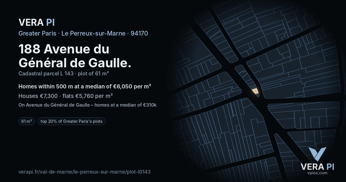 188 Avenue du Général de Gaulle, Le Perreux-sur-Marne at night – the plot lit, the parcels around coloured by the prices near them