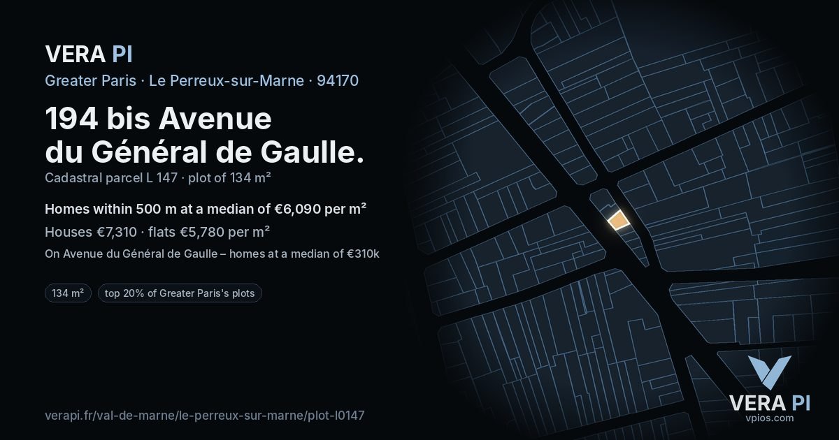 194 bis Avenue du Général de Gaulle, Le Perreux-sur-Marne at night – the plot lit, the parcels around coloured by the prices near them
