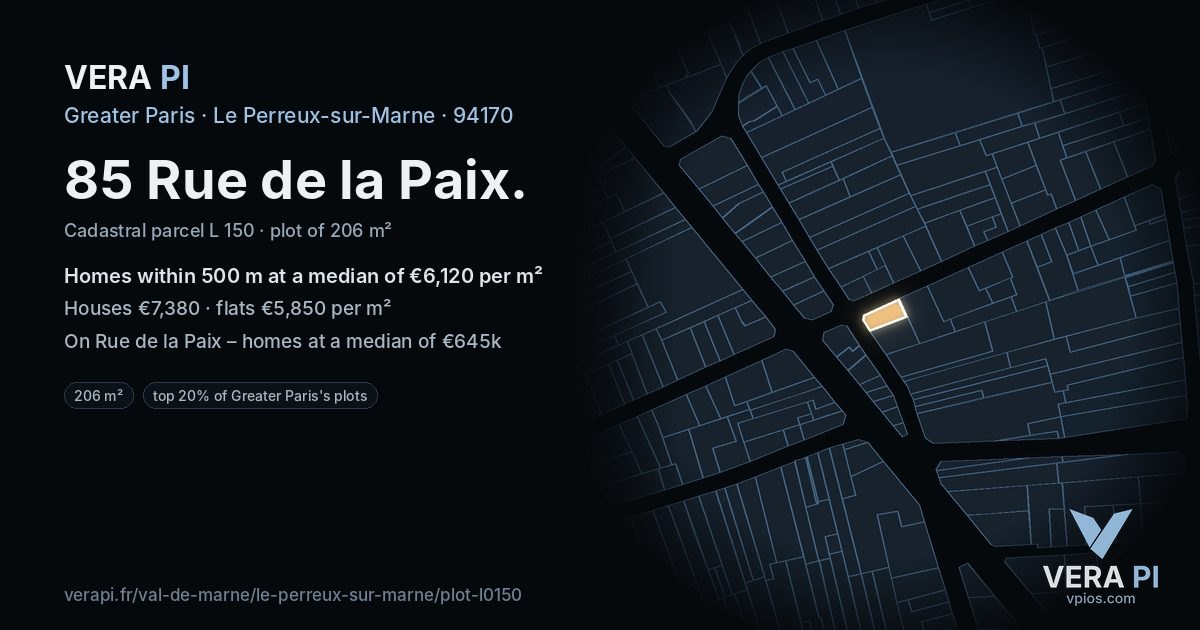 85 Rue de la Paix, Le Perreux-sur-Marne at night – the plot lit, the parcels around coloured by the prices near them