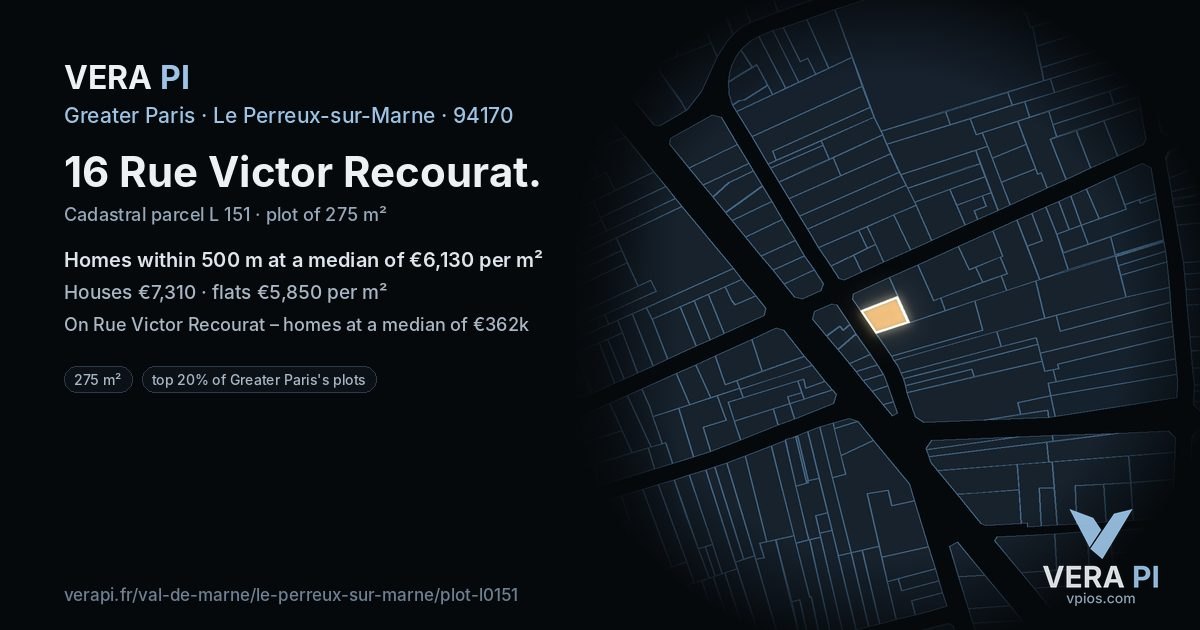 16 Rue Victor Recourat, Le Perreux-sur-Marne at night – the plot lit, the parcels around coloured by the prices near them