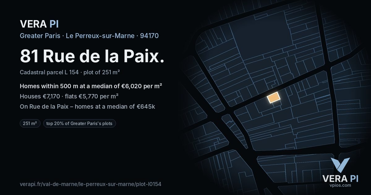 81 Rue de la Paix, Le Perreux-sur-Marne at night – the plot lit, the parcels around coloured by the prices near them