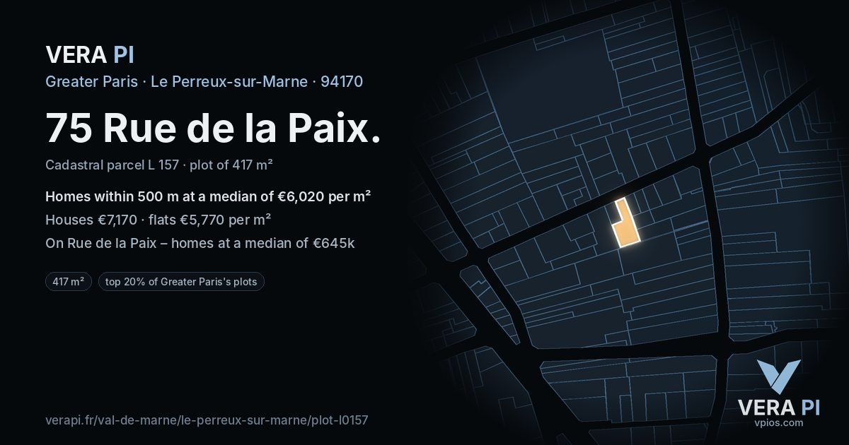 75 Rue de la Paix, Le Perreux-sur-Marne at night – the plot lit, the parcels around coloured by the prices near them