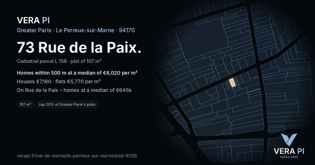 73 Rue de la Paix, Le Perreux-sur-Marne at night – the plot lit, the parcels around coloured by the prices near them