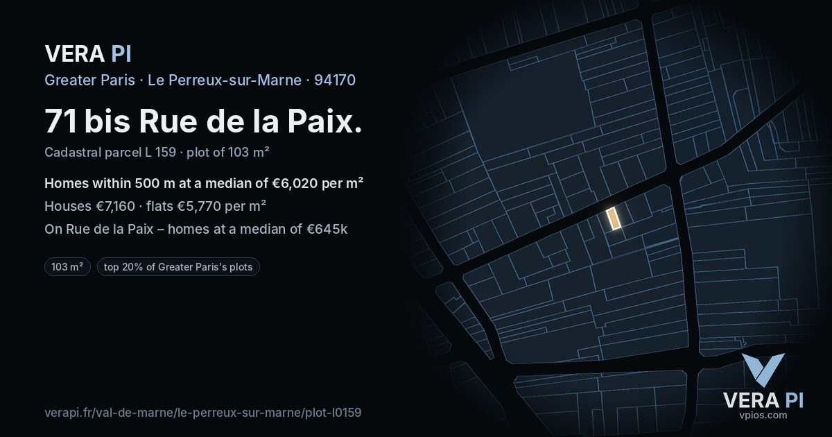 71 bis Rue de la Paix, Le Perreux-sur-Marne at night – the plot lit, the parcels around coloured by the prices near them