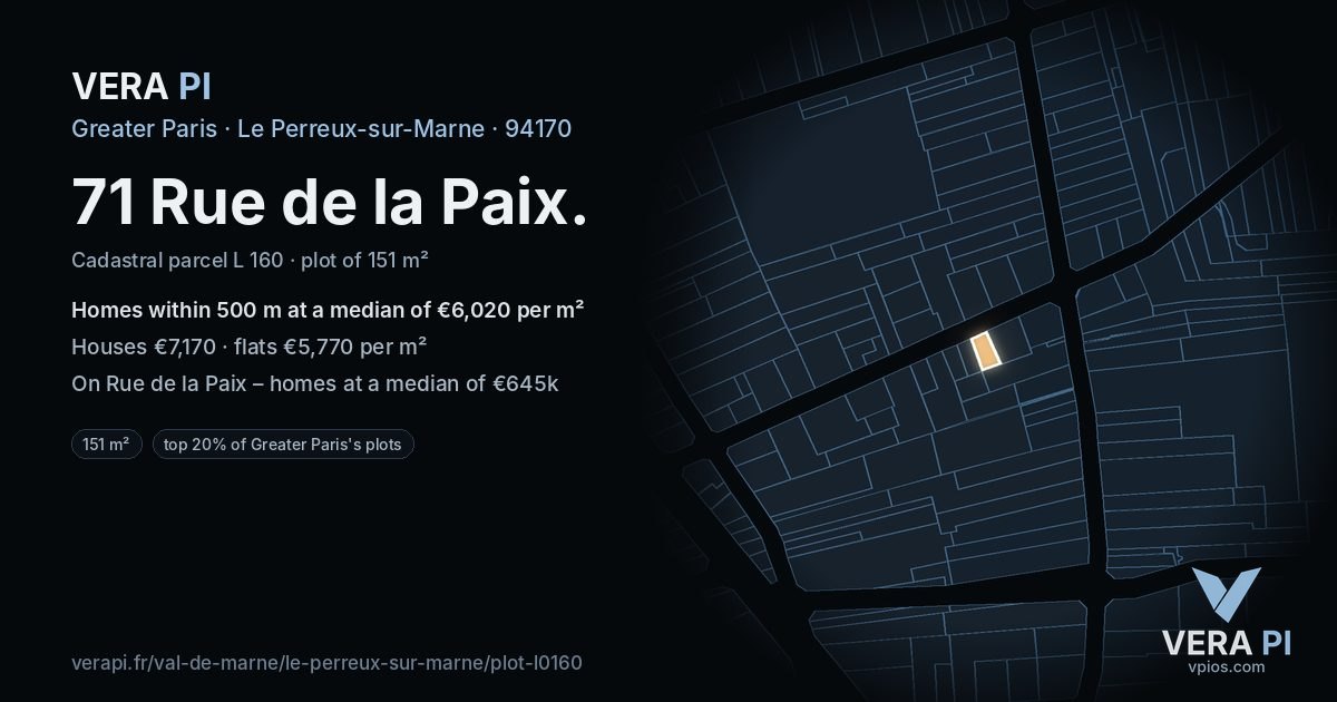 71 Rue de la Paix, Le Perreux-sur-Marne at night – the plot lit, the parcels around coloured by the prices near them
