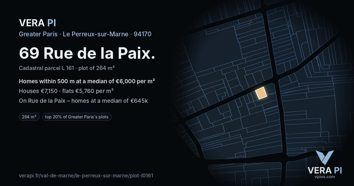 69 Rue de la Paix, Le Perreux-sur-Marne at night – the plot lit, the parcels around coloured by the prices near them