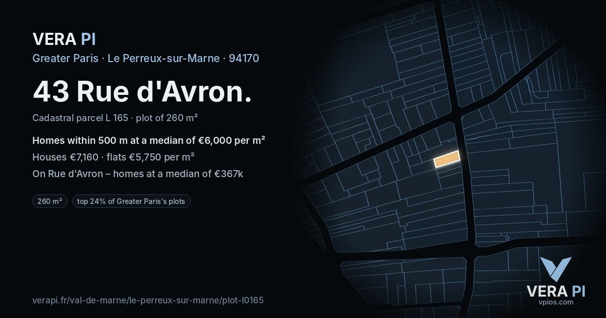 43 Rue d'Avron, Le Perreux-sur-Marne at night – the plot lit, the parcels around coloured by the prices near them