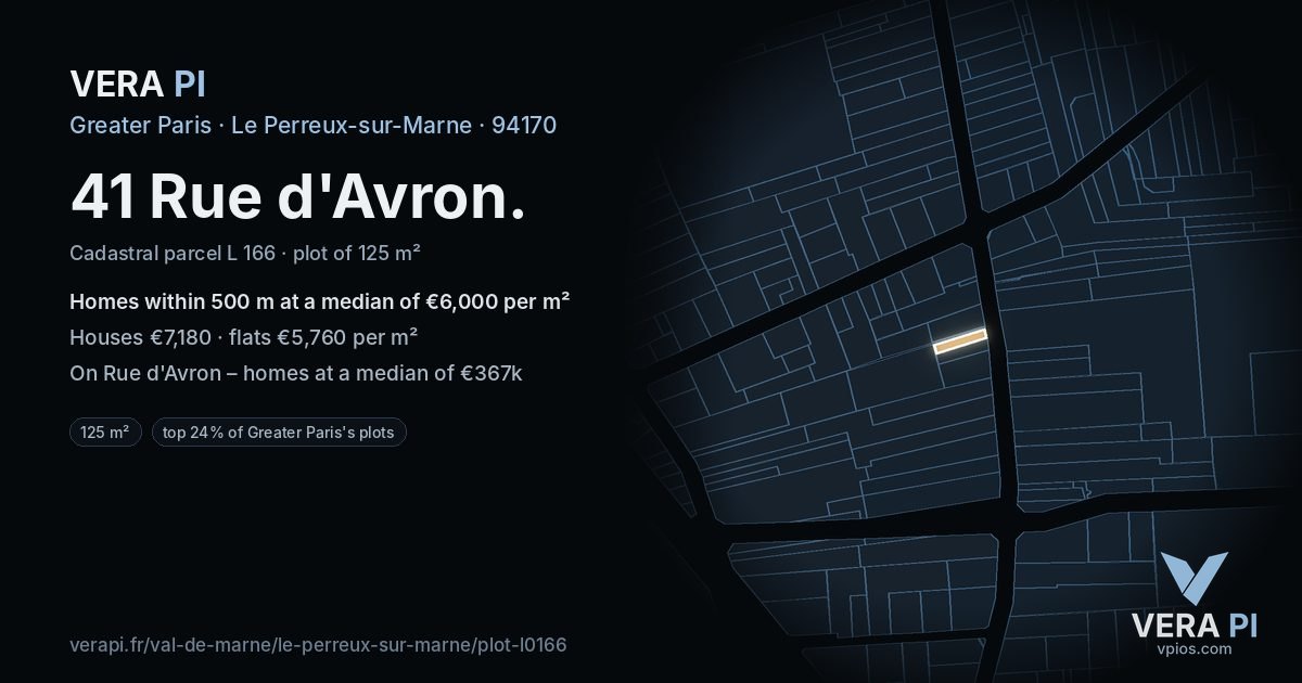 41 Rue d'Avron, Le Perreux-sur-Marne at night – the plot lit, the parcels around coloured by the prices near them