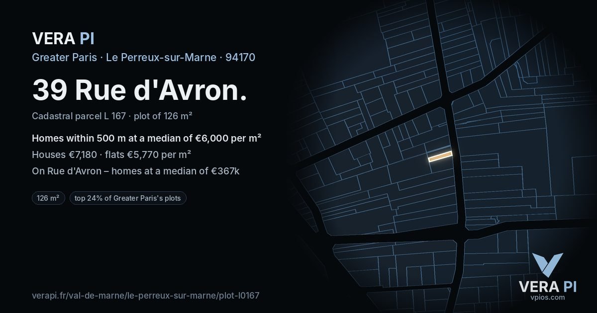 39 Rue d'Avron, Le Perreux-sur-Marne at night – the plot lit, the parcels around coloured by the prices near them