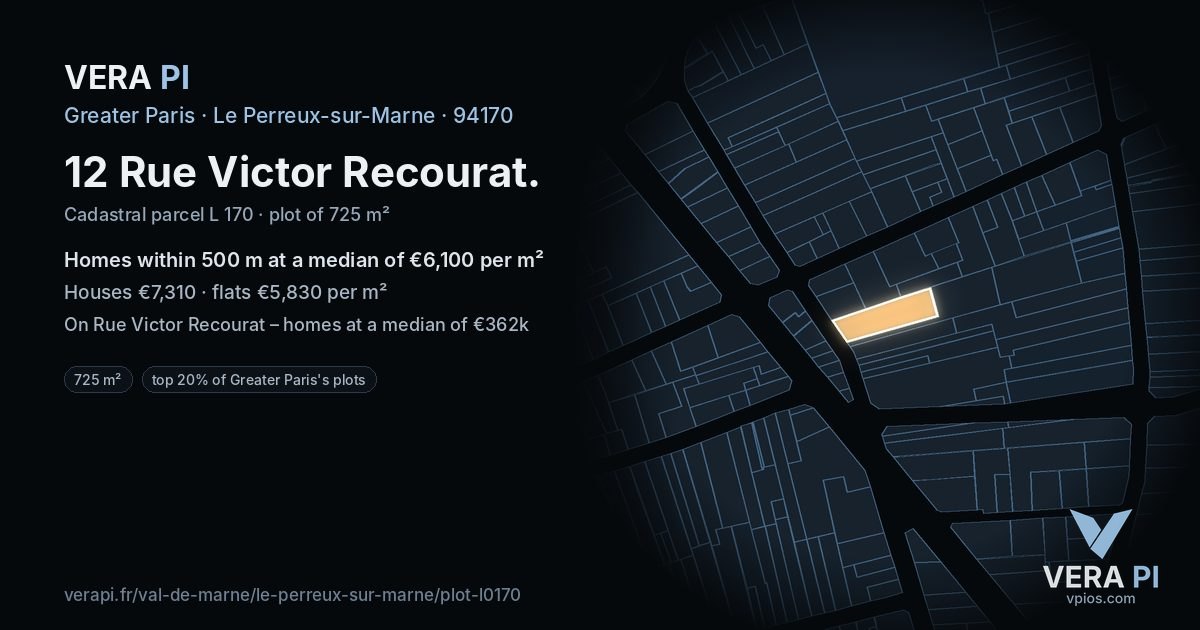 12 Rue Victor Recourat, Le Perreux-sur-Marne at night – the plot lit, the parcels around coloured by the prices near them