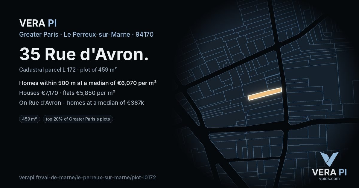 35 Rue d'Avron, Le Perreux-sur-Marne at night – the plot lit, the parcels around coloured by the prices near them