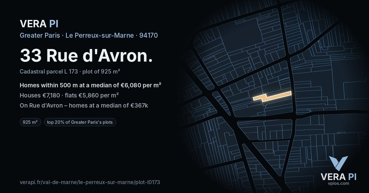 33 Rue d'Avron, Le Perreux-sur-Marne at night – the plot lit, the parcels around coloured by the prices near them