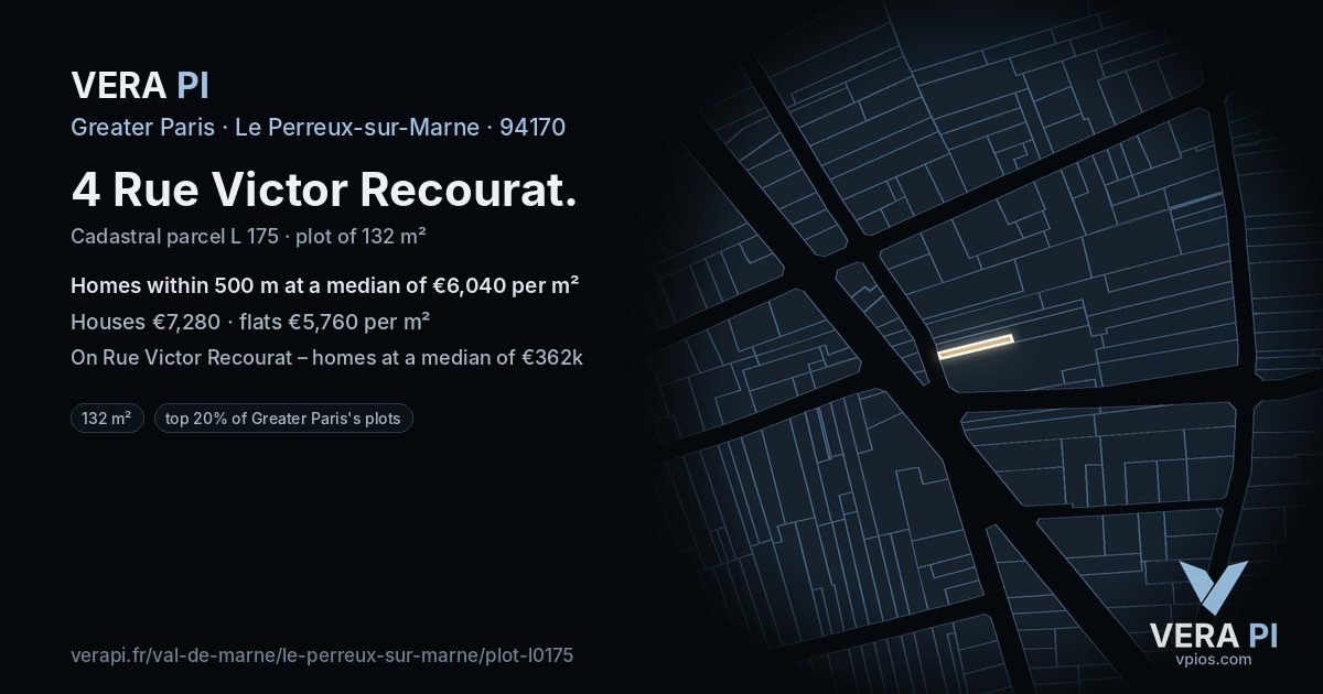 4 Rue Victor Recourat, Le Perreux-sur-Marne at night – the plot lit, the parcels around coloured by the prices near them