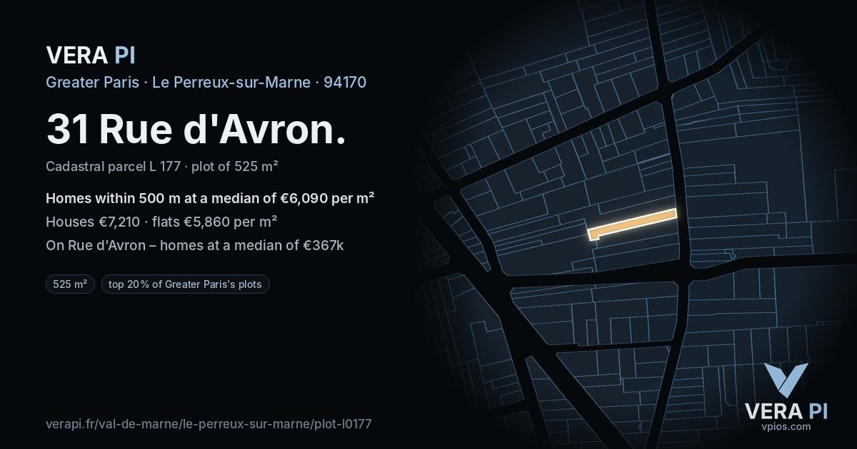 31 Rue d'Avron, Le Perreux-sur-Marne at night – the plot lit, the parcels around coloured by the prices near them