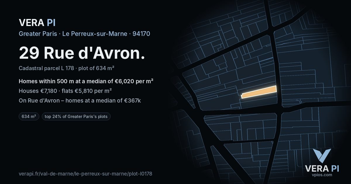 29 Rue d'Avron, Le Perreux-sur-Marne at night – the plot lit, the parcels around coloured by the prices near them
