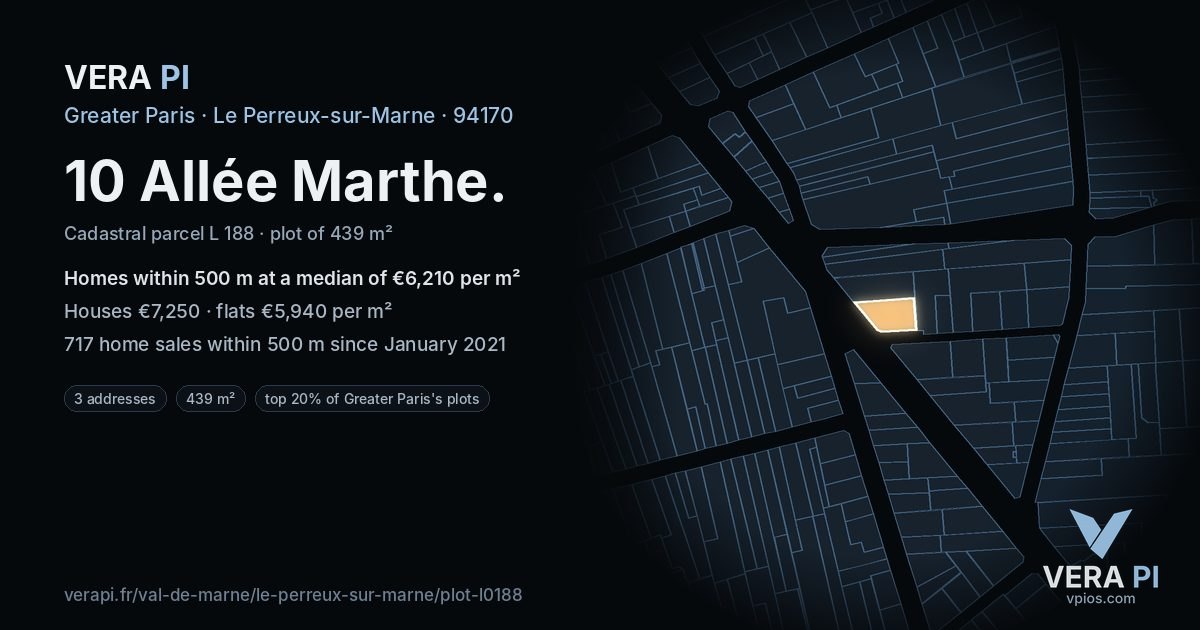 10 Allée Marthe, Le Perreux-sur-Marne at night – the plot lit, the parcels around coloured by the prices near them