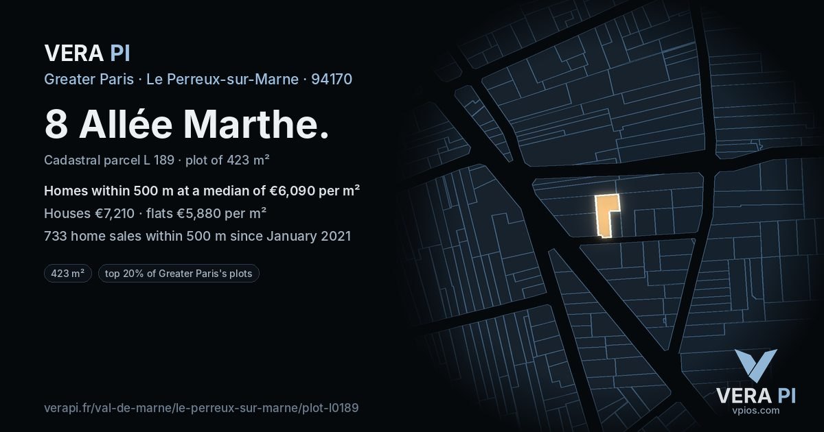 8 Allée Marthe, Le Perreux-sur-Marne at night – the plot lit, the parcels around coloured by the prices near them