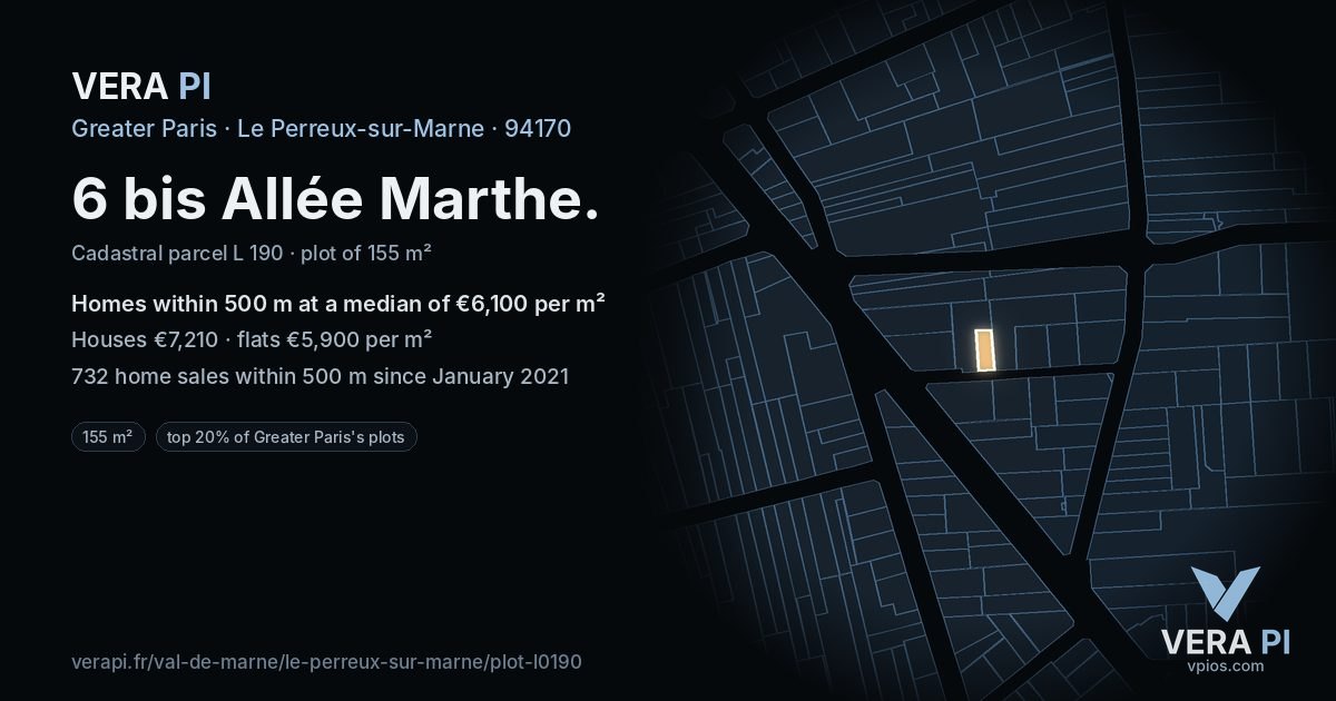 6 bis Allée Marthe, Le Perreux-sur-Marne at night – the plot lit, the parcels around coloured by the prices near them