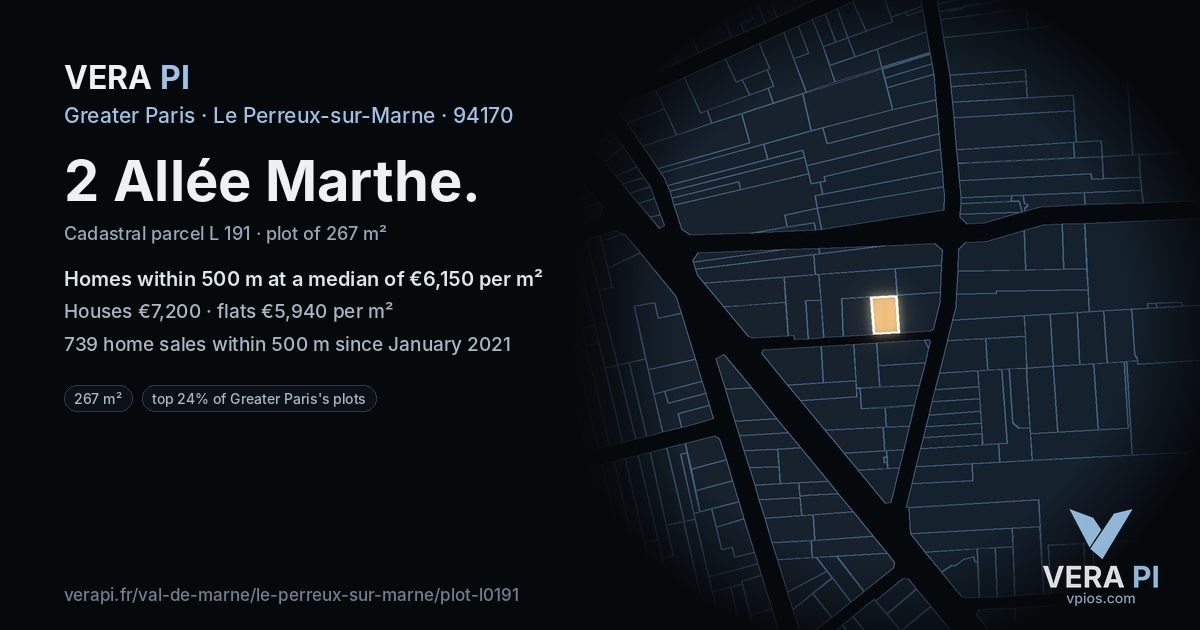 2 Allée Marthe, Le Perreux-sur-Marne at night – the plot lit, the parcels around coloured by the prices near them