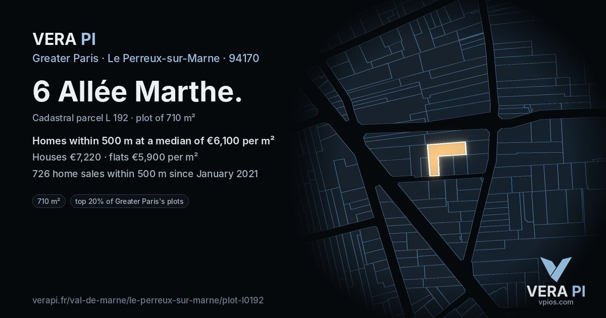 6 Allée Marthe, Le Perreux-sur-Marne at night – the plot lit, the parcels around coloured by the prices near them
