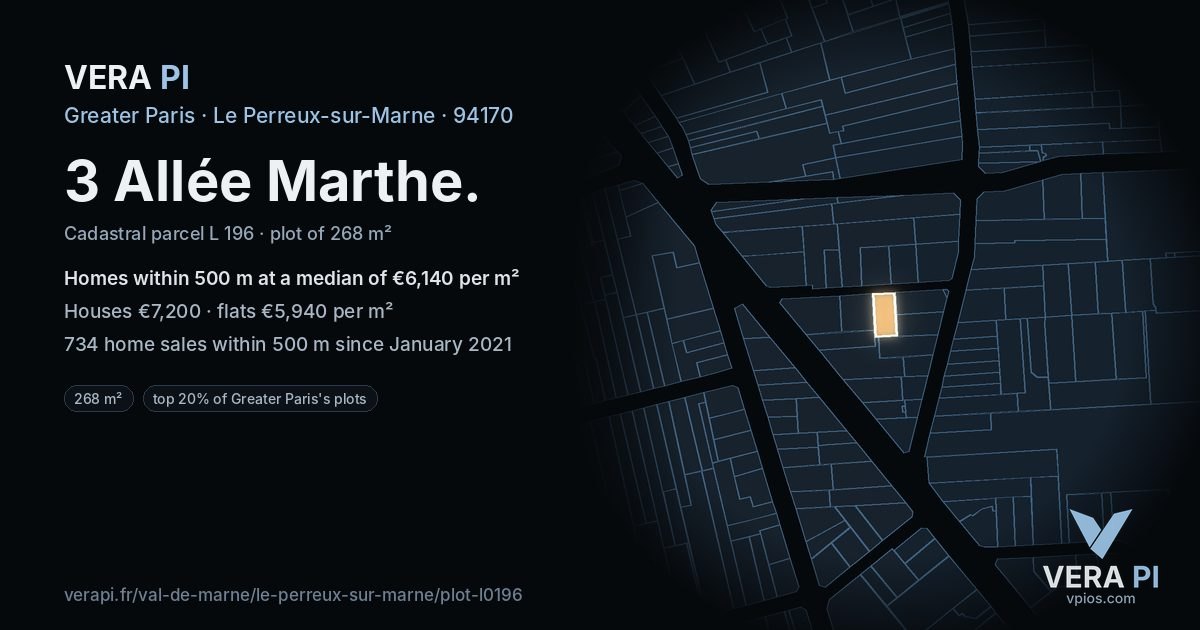 3 Allée Marthe, Le Perreux-sur-Marne at night – the plot lit, the parcels around coloured by the prices near them