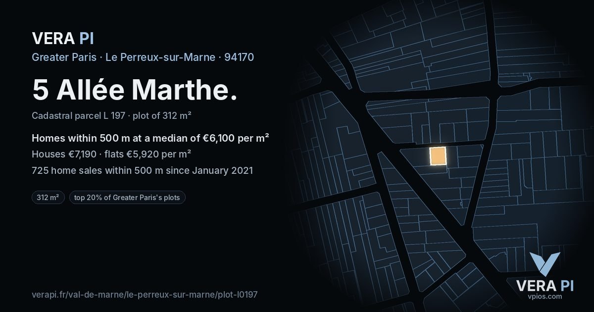 5 Allée Marthe, Le Perreux-sur-Marne at night – the plot lit, the parcels around coloured by the prices near them