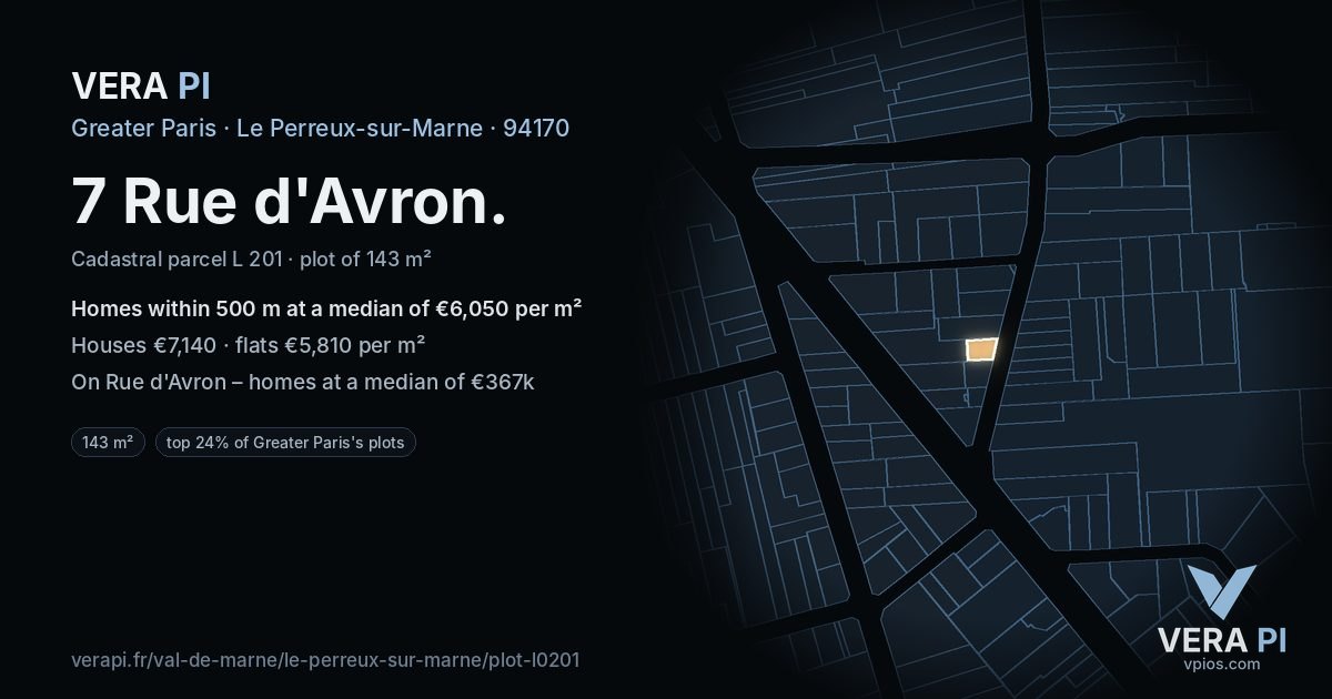 7 Rue d'Avron, Le Perreux-sur-Marne at night – the plot lit, the parcels around coloured by the prices near them