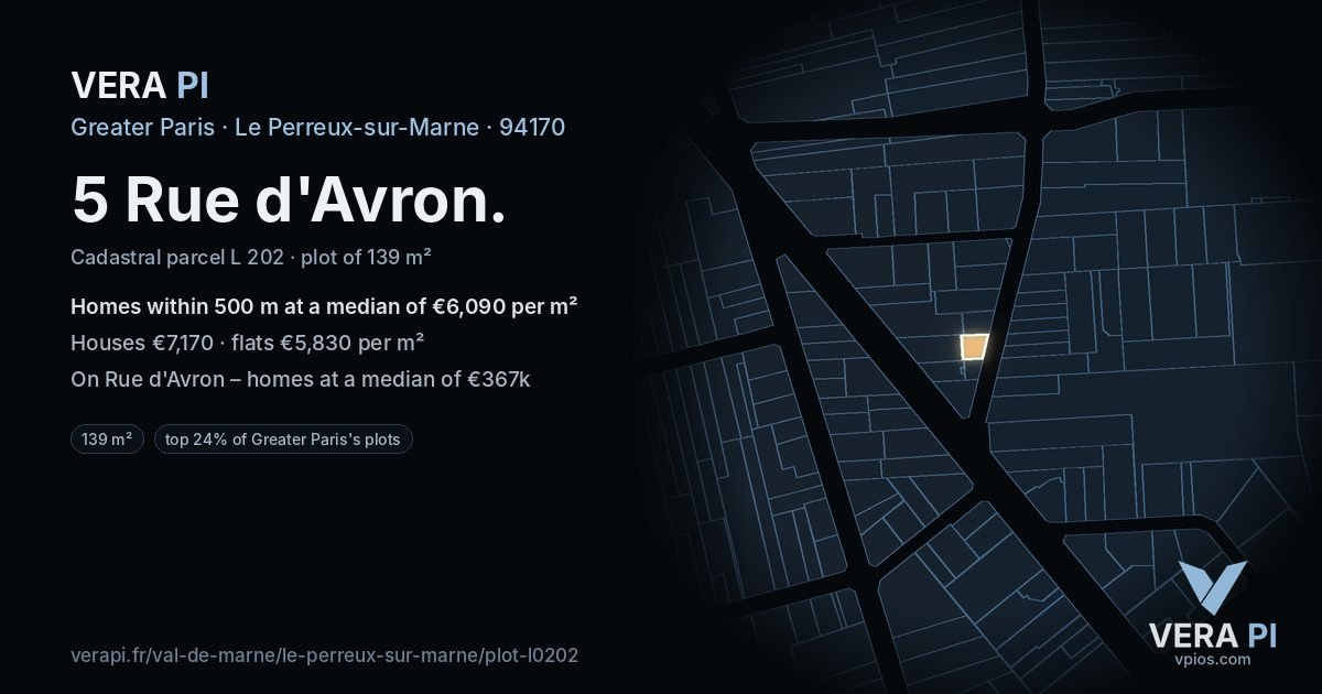 5 Rue d'Avron, Le Perreux-sur-Marne at night – the plot lit, the parcels around coloured by the prices near them