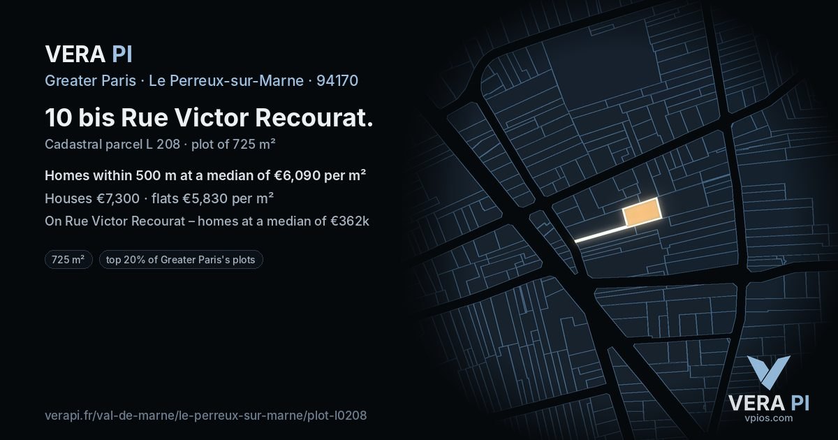 10 bis Rue Victor Recourat, Le Perreux-sur-Marne at night – the plot lit, the parcels around coloured by the prices near them